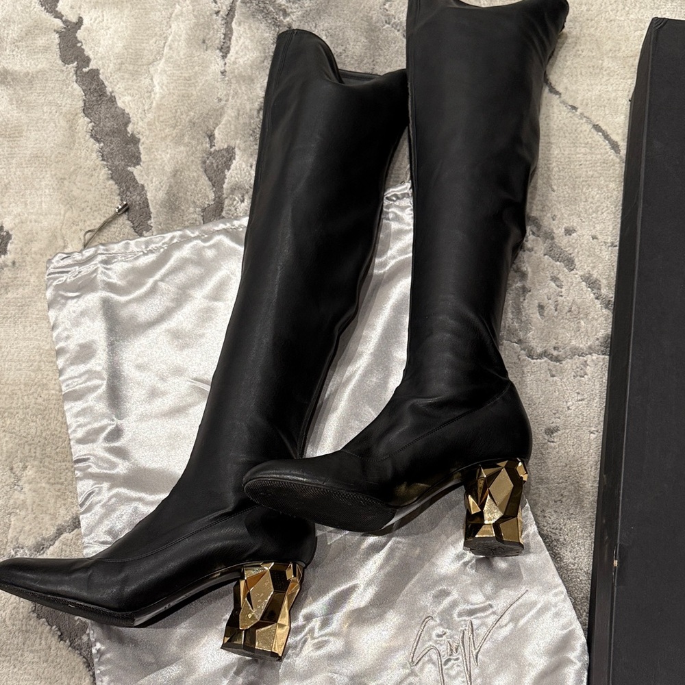 Giuseppe Zanotti Black Over-the-Knee Leather Boots with Sculpted Gold Heels